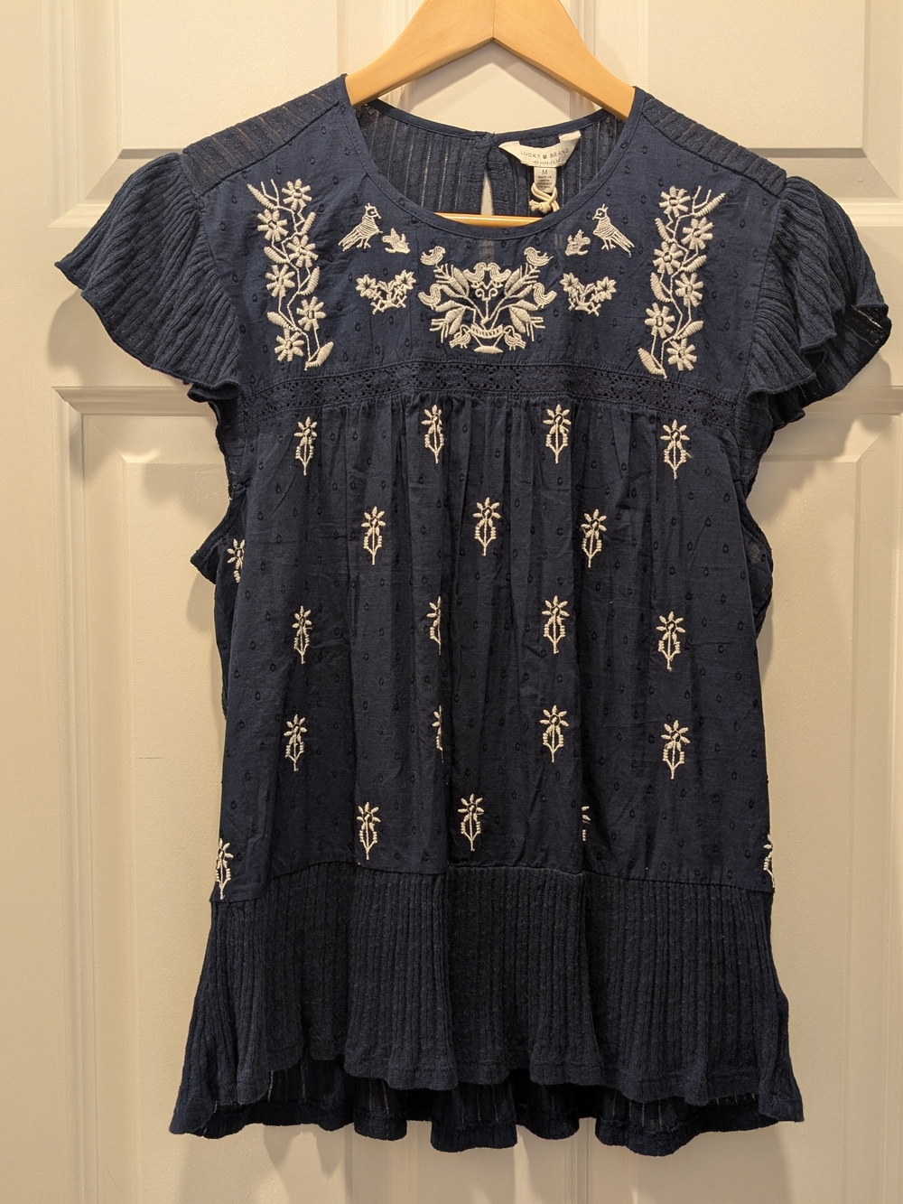 Lucky Brand Embroidered Cotton Blend Navy Blue Top
